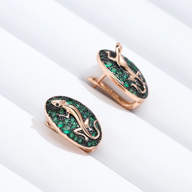 Pendientes Kinel de gota de lagarto de circón Natural verde intenso para mujer 585 chapado en oro rosa y negro joyería Punk diaria de animales Vintage