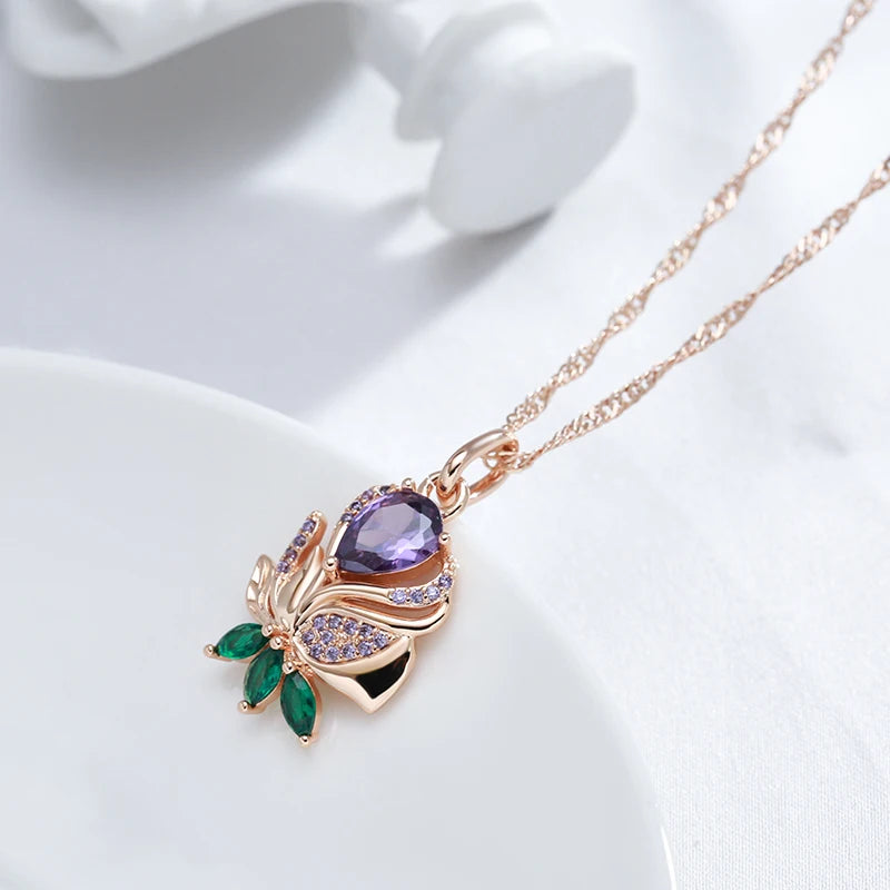 Kienl-collar con colgante de flor de circón Natural púrpura Vintage para mujer, joyería fina de alta calidad para uso diario, collar de Color oro rosa 585