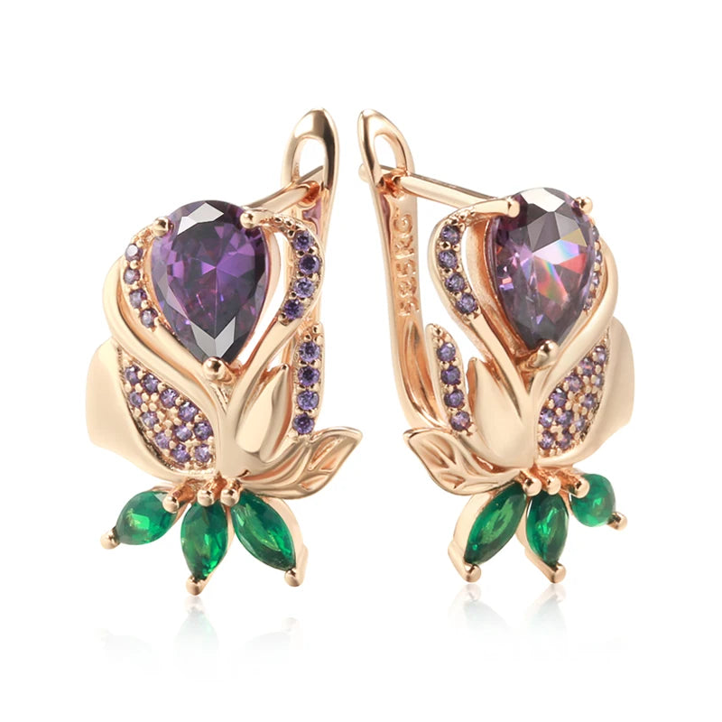 Kienl-pendientes de gota de flor de circón Natural púrpura Vintage para mujer, joyería fina de alta calidad para uso diario, pendiente grande de Color oro rosa 585