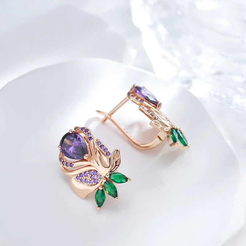 Kienl-pendientes de gota de flor de circón Natural púrpura Vintage para mujer, joyería fina de alta calidad para uso diario, pendiente grande de Color oro rosa 585