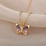 Bonito Collar de mariposa para mujer, collares estéticos de circonita púrpura de cristal de acero inoxidable, Gargantilla con dijes, joyería de fiesta