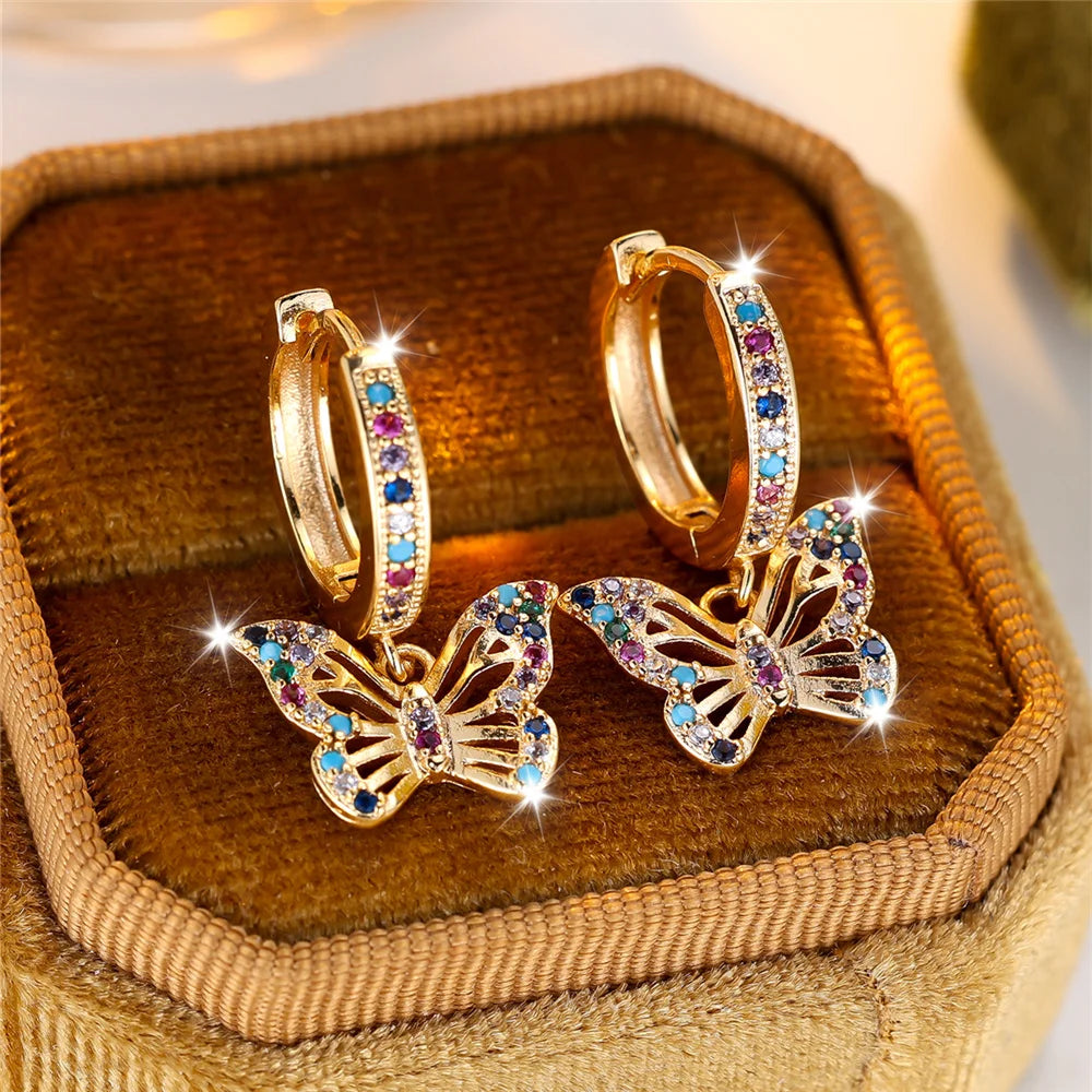 Pendientes de aro de piedra de circón redondos de mariposa colorida para mujer, Color dorado, regalos únicos para novia, joyería de boda para mujer