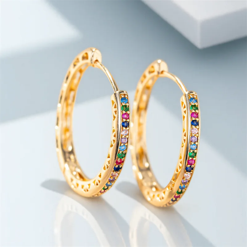 Pendientes redondos de aro de piedra Multicolor con circonita de arcoíris para mujer, hebilla de oreja de Color dorado, joyería para fiesta y boda diaria, regalo del Día de la madre