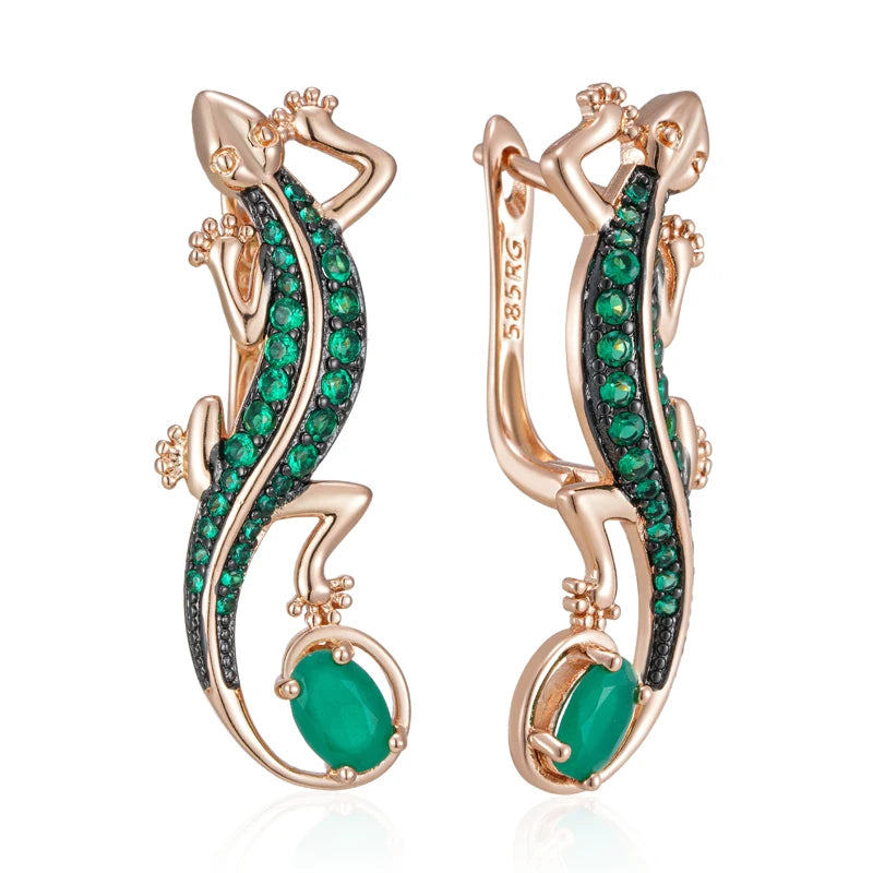 Pendientes Kinel de gota de lagarto de circón Natural verde intenso para mujer 585 chapado en oro rosa y negro joyería Punk diaria de animales Vintage