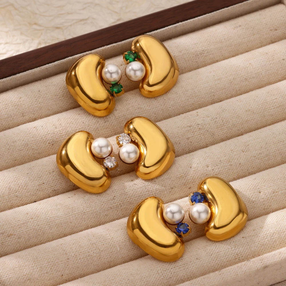 Pendientes gruesos de perlas de imitación de circón para mujer, aretes geométricos de acero inoxidable, regalo de joyería de Navidad y boda resistente al agua