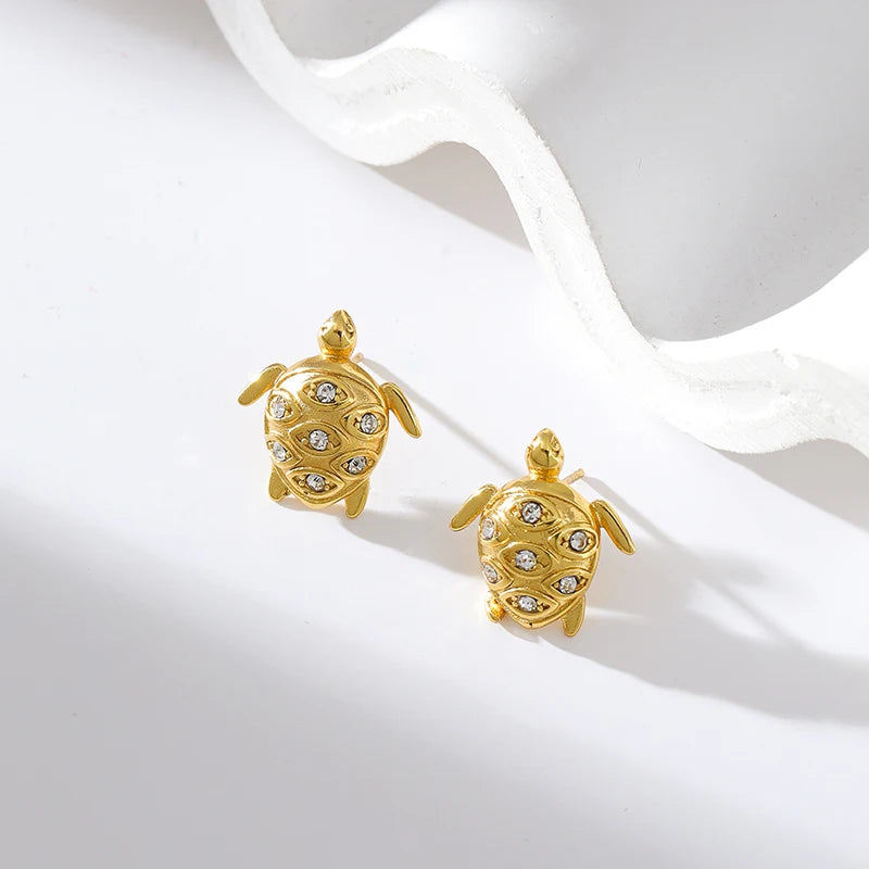 EILIECK 316L pendientes de tuerca de circonita de tortuga de Color dorado de acero inoxidable para mujer joyería de oreja impermeable de moda bisutería de regalo para niñas