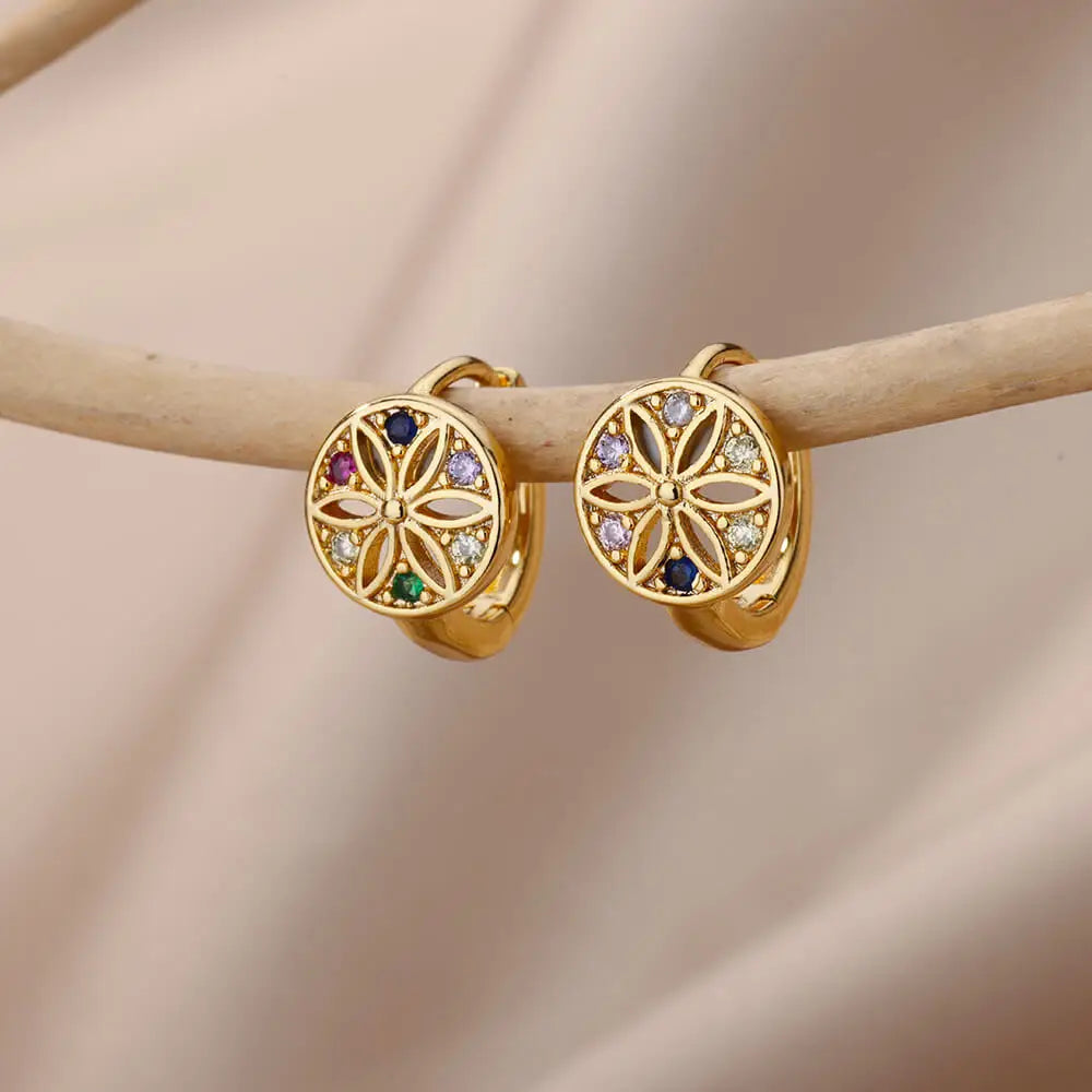 Pendientes de flores de colores para mujer, aretes de aro de acero inoxidable con circonita cúbica, joyería estética de lujo, aretes para mujer 2024