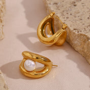 E.B.belle-pendientes de aro de perlas sintéticas redondas para mujer, aros de doble capa con forma de U, joyería de acero inoxidable chapada en oro