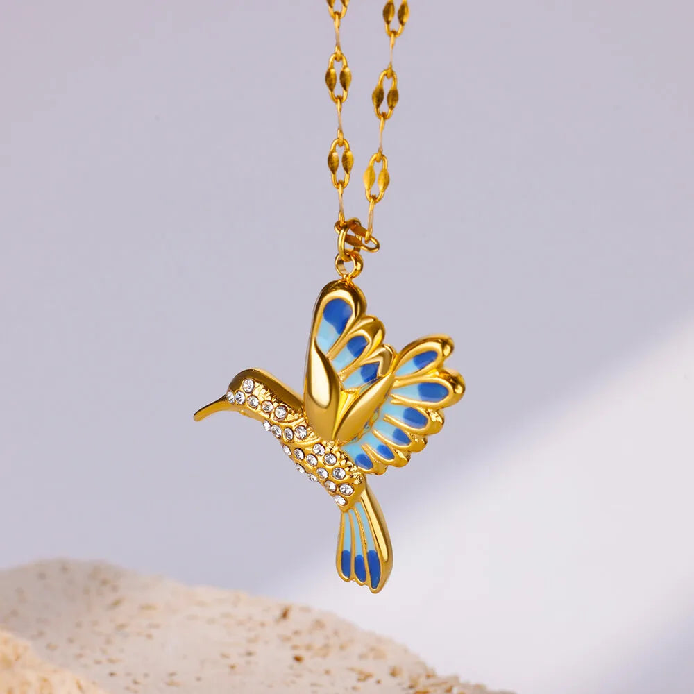 Collares bonitos y coloridos de pájaros para mujer, cadena de acero inoxidable de Color dorado, collar con colgante de hierba y corazón, joyería de boda, regalo nuevo