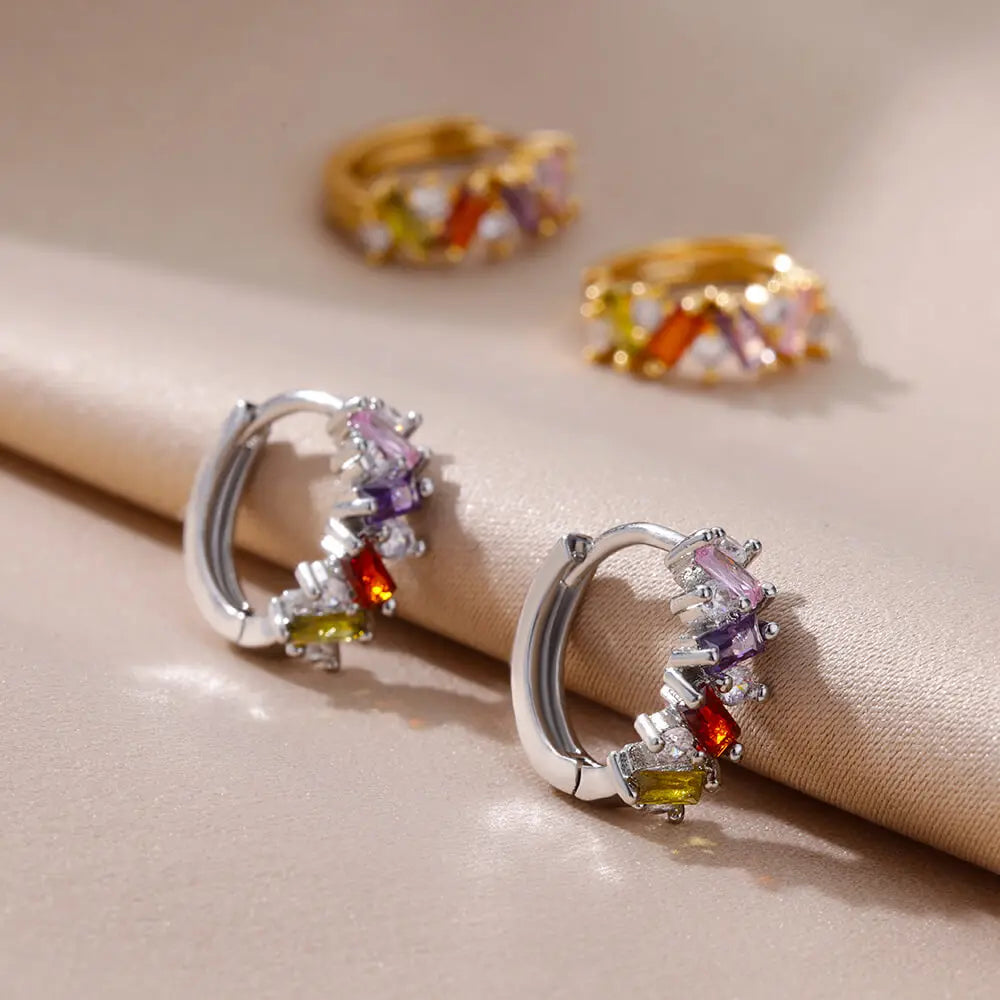 Pendientes de aro de circonia cúbica de arcoíris para mujer, aretes redondos de acero inoxidable chapados en oro, regalos de joyería de lujo 2023