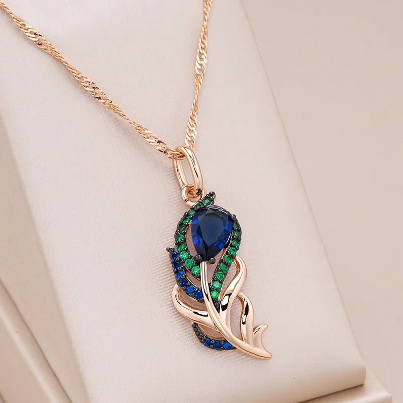 Kinel-collar con colgante de circón Natural azul para mujer, oro rosa 585, chapado en negro, hoja de cristal Vintage, joyería fina diaria