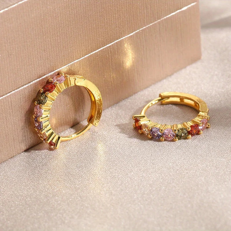 Pendientes de aro redondos de circonita cúbica para mujer, arcoíris brillante, regalo de joyería de Color dorado para fiesta clásica