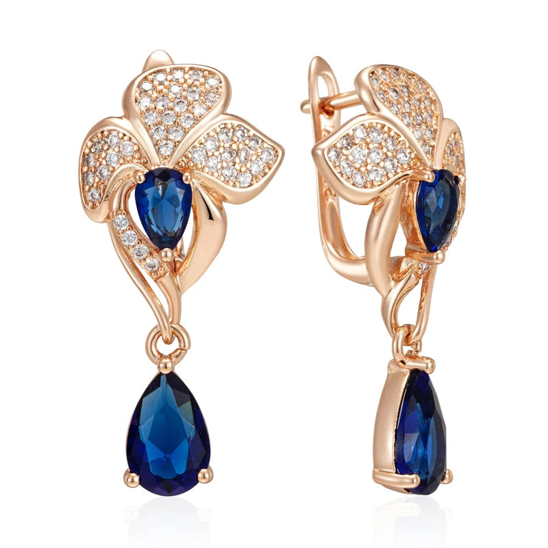 Kinel-pendientes largos de circonita Natural azul para mujer, aretes colgantes de flores Vintage, Color oro rosa 585, joyería fina étnica para boda