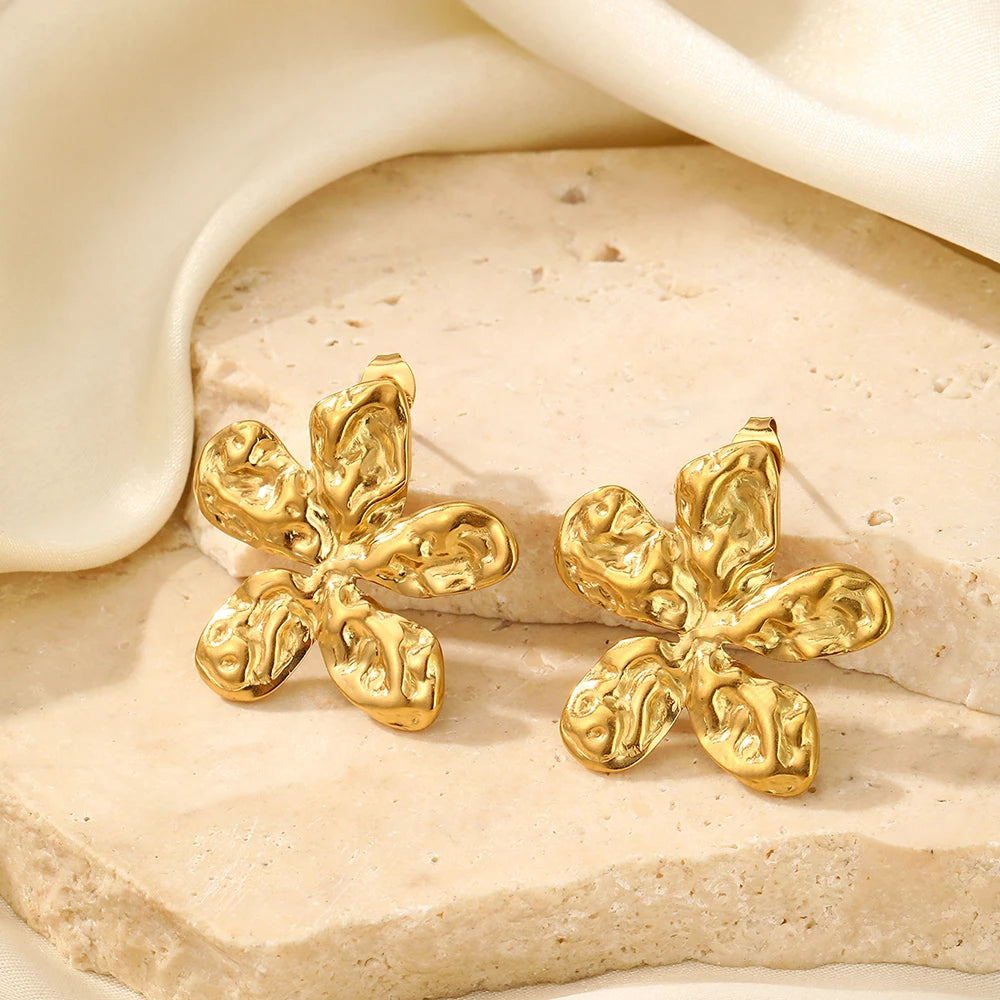 Pendientes de acero inoxidable para mujer, aretes brillantes cóncavos con flor botánica Vintage, joyería para uso diario