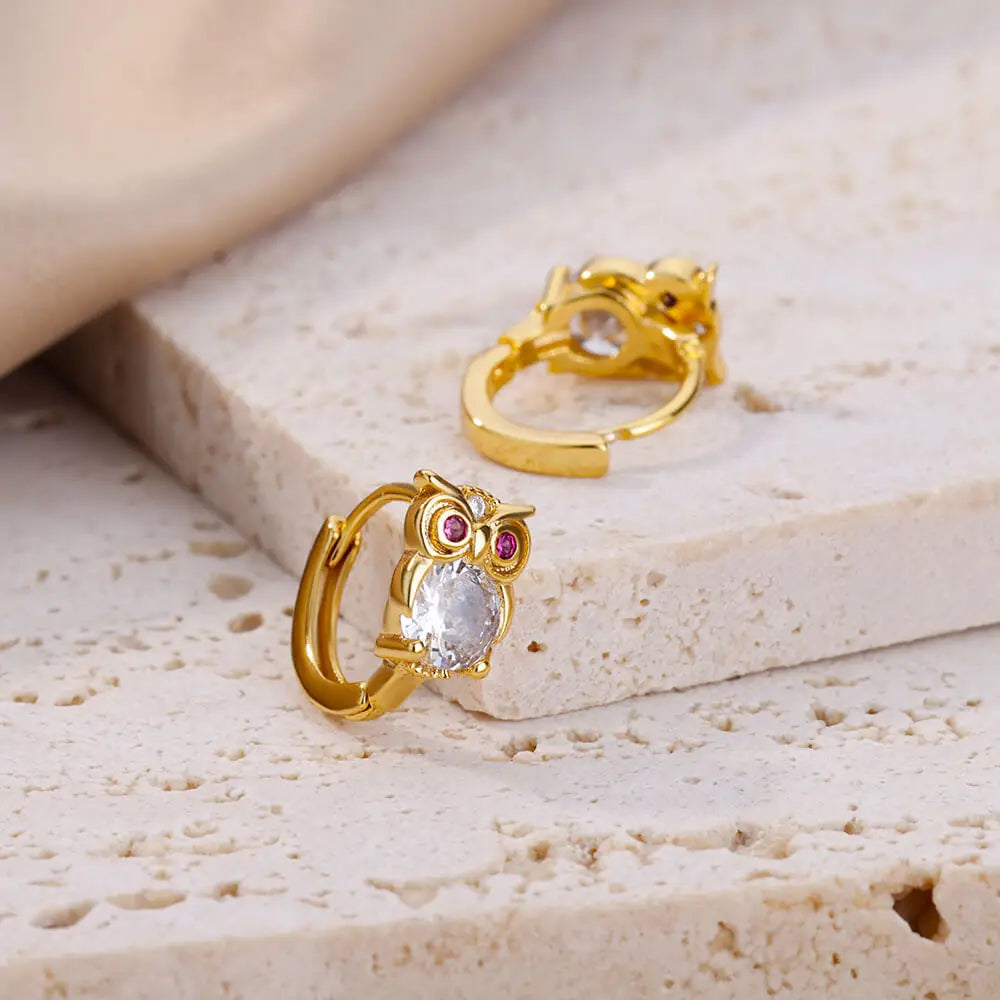 Pendientes de aro de búho de cristal para mujer, aretes de acero satinado con circonita de Animal, conejo, leopardo, elefante, oso, joyería bonita, regalo para niñas