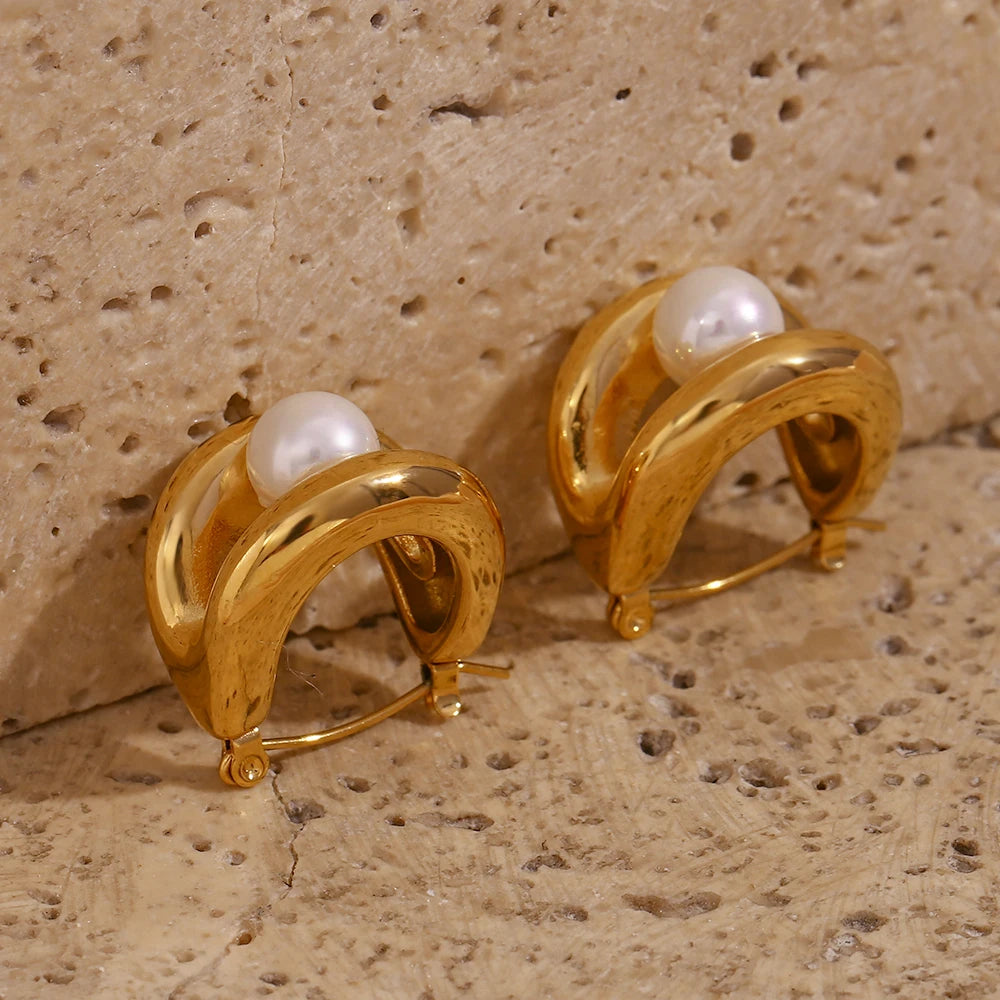 E.B.belle-pendientes de aro de perlas sintéticas redondas para mujer, aros de doble capa con forma de U, joyería de acero inoxidable chapada en oro