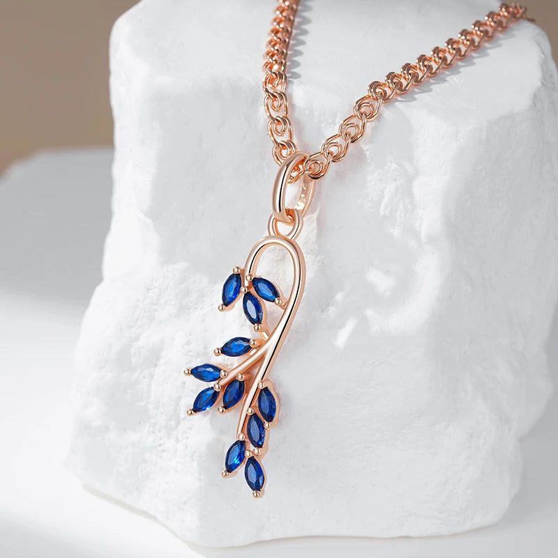 Wbmqda Colgante y collar de lujo con forma de hoja azul para mujer con cadena de Color oro rosa 585