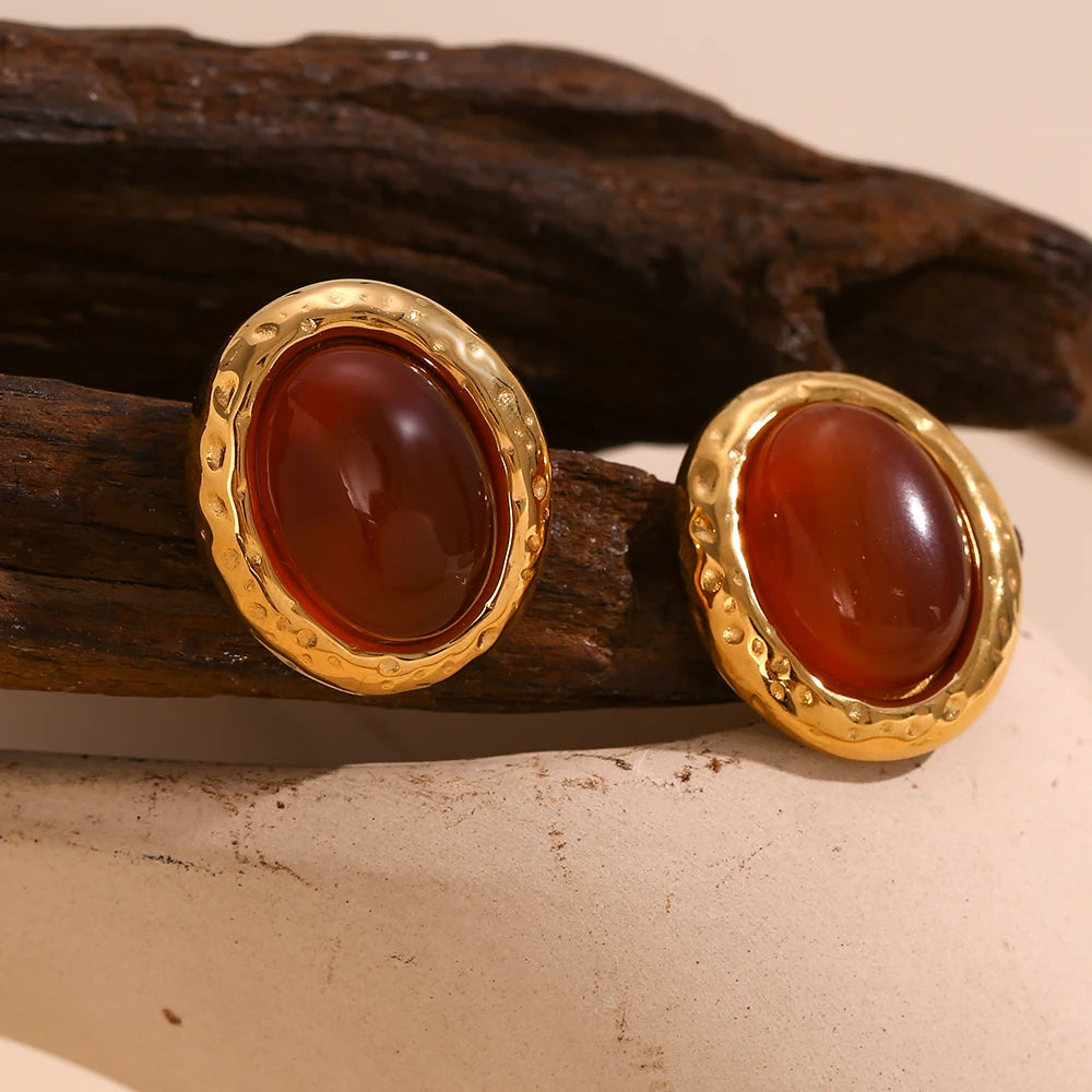 E.B.belle-pendientes de tuerca de piedra Natural con forma ovalada, estilo Retro, patrón de martillo, borde de acero inoxidable para mujer y niña, fiesta y citas