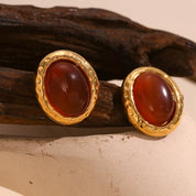 E.B.belle-pendientes de tuerca de piedra Natural con forma ovalada, estilo Retro, patrón de martillo, borde de acero inoxidable para mujer y niña, fiesta y citas