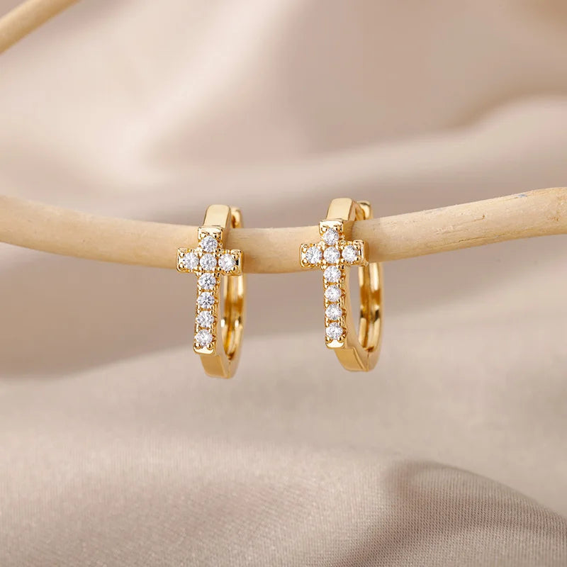 Pendientes de aro con forma de cruz de circonita CZ para mujer, aretes redondos pequeños geométricos Punk de Hip Hop de acero inoxidable, regalo de joyería religiosa