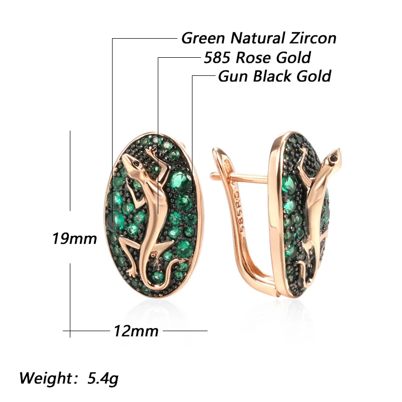Pendientes Kinel de gota de lagarto de circón Natural verde intenso para mujer 585 chapado en oro rosa y negro joyería Punk diaria de animales Vintage