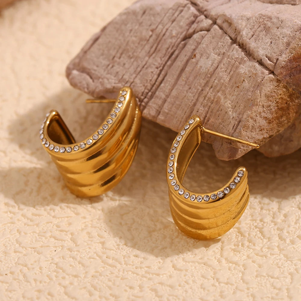 E.B.belle Edge of Waves pendientes brillantes impermeables, acero inoxidable 316L, pendientes para mujer, chapado en oro de 18K, regalo