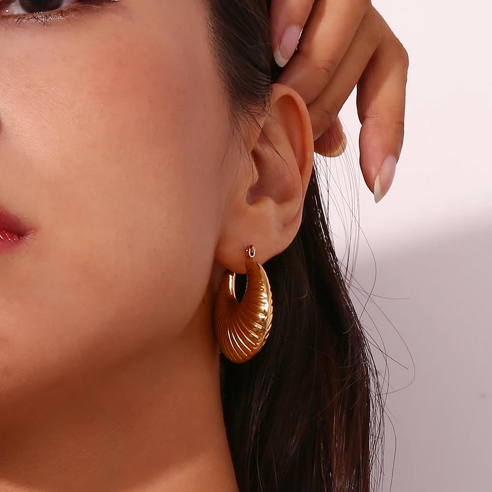 E.B.belle Pendientes de aro a rayas con cuerno de oveja, resistentes al agua, Color plateado, acero inoxidable 316L, joyería de moda para mujer chapada en oro de 18 quilates