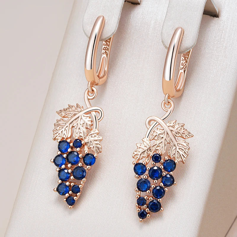Kienl-pendiente de gota largo de circonita Natural azul brillante para mujer, Color oro rosa 585, joyería Vintage diaria de uva de cristal única