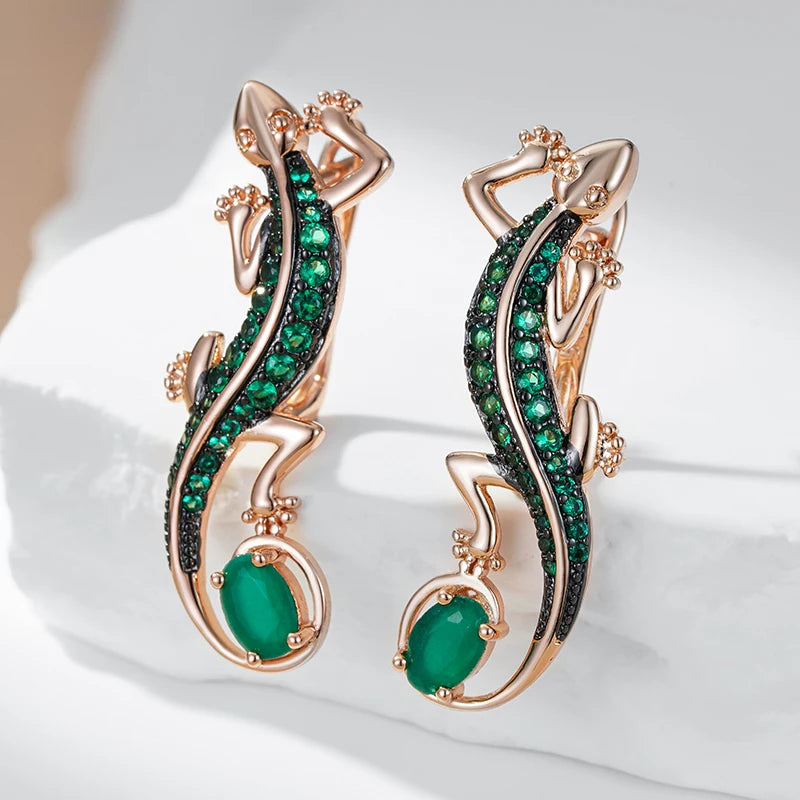 Pendientes Kinel de gota de lagarto de circón Natural verde intenso para mujer 585 chapado en oro rosa y negro joyería Punk diaria de animales Vintage