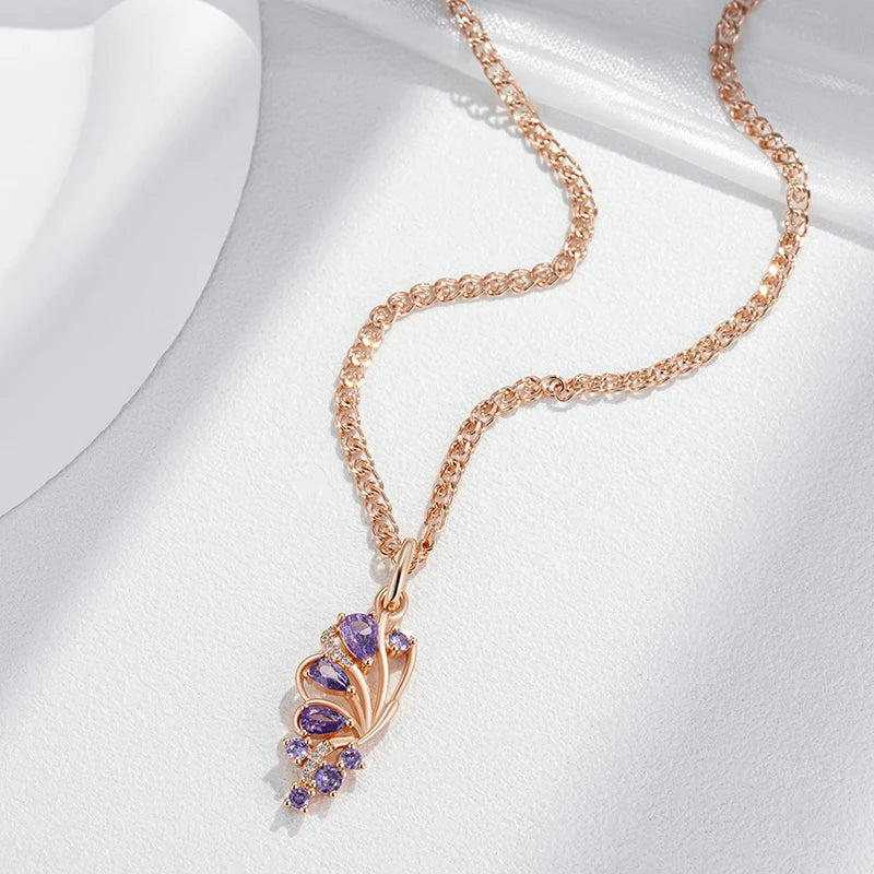 Kinel, collar con colgante de mariposa de circón Natural púrpura brillante para mujer, tendencia 585, Color oro rosa, joyería fina para fiesta diaria