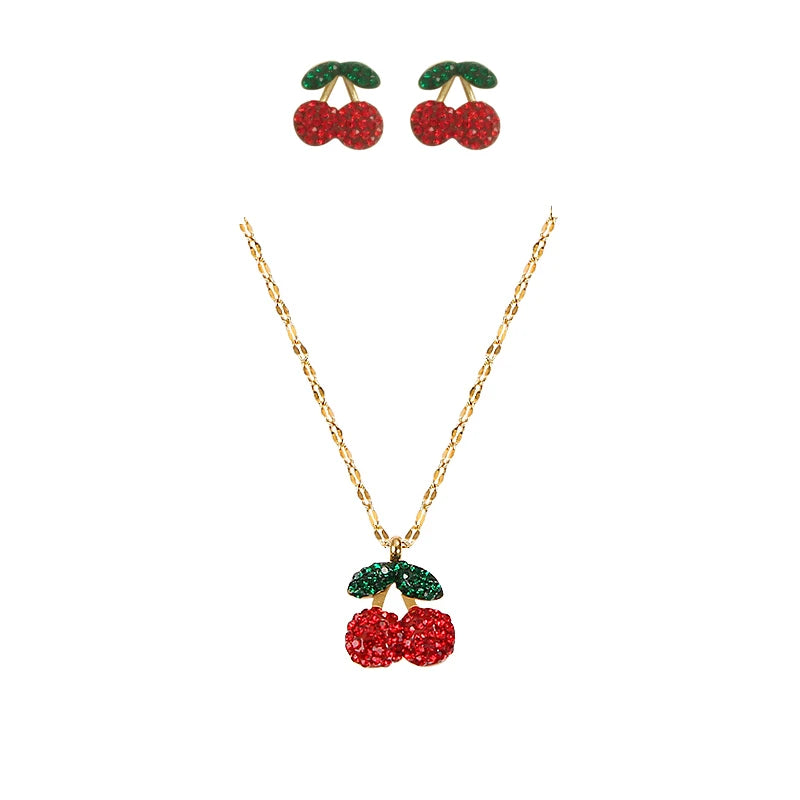 RHYSONG-collar con colgante de cereza de acero inoxidable 316L, pendientes delicados, cadena chapada en oro a la moda para mujer, regalo de joyería