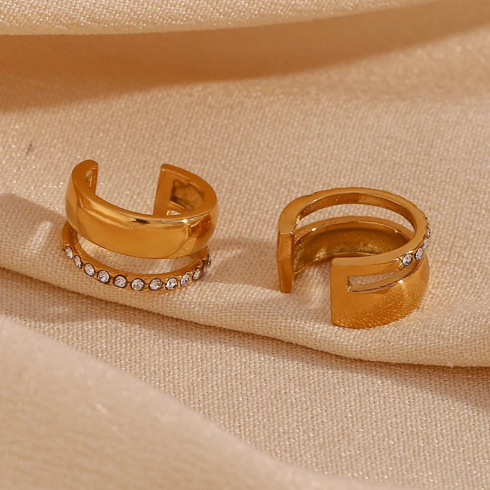 E.B.belle-pendientes de doble capa con diamantes de imitación en forma de C para mujer, aretes de acero inoxidable 316L, puños de oreja chapados en oro de 18K