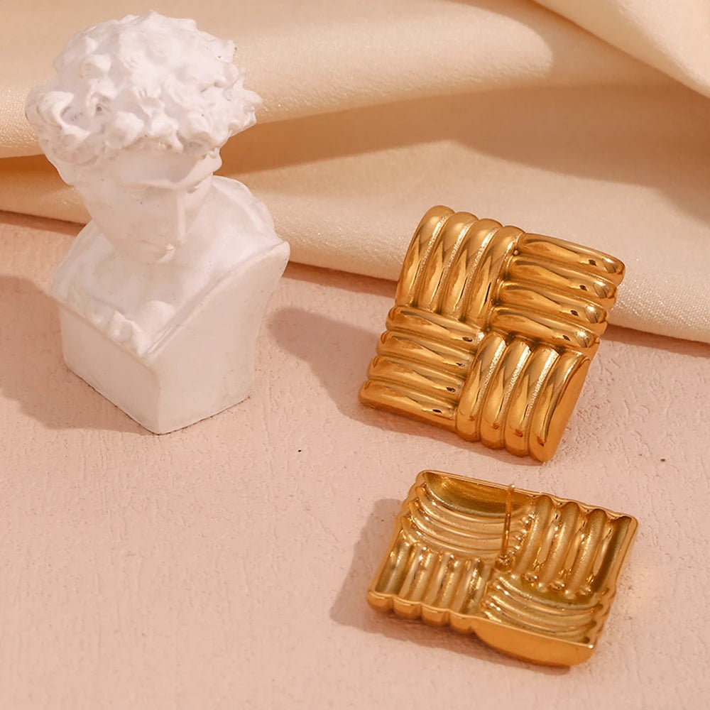 Pendientes cuadrados con rayas horizontales y verticales en un patrón de rejilla aretes Pendientes de mujer Regalo de acero inoxidable сubьги