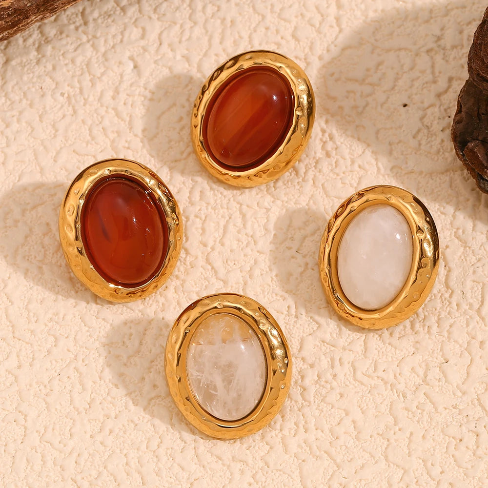 E.B.belle-pendientes de tuerca de piedra Natural con forma ovalada, estilo Retro, patrón de martillo, borde de acero inoxidable para mujer y niña, fiesta y citas