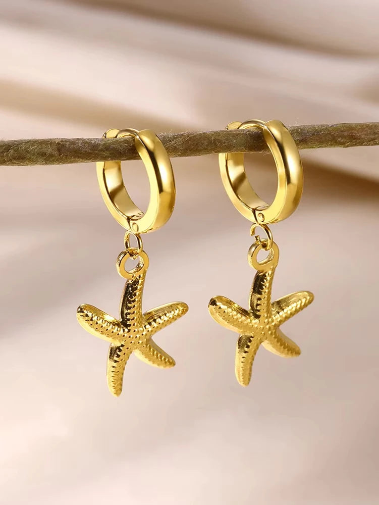 Exquisitos pendientes de estrella de mar de concha para mujer, pendientes de gota chapados en oro con perlas de imitación, joyería de acero inoxidable para fiesta 2025