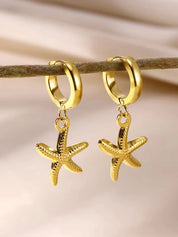 Exquisitos pendientes de estrella de mar de concha para mujer, pendientes de gota chapados en oro con perlas de imitación, joyería de acero inoxidable para fiesta 2025