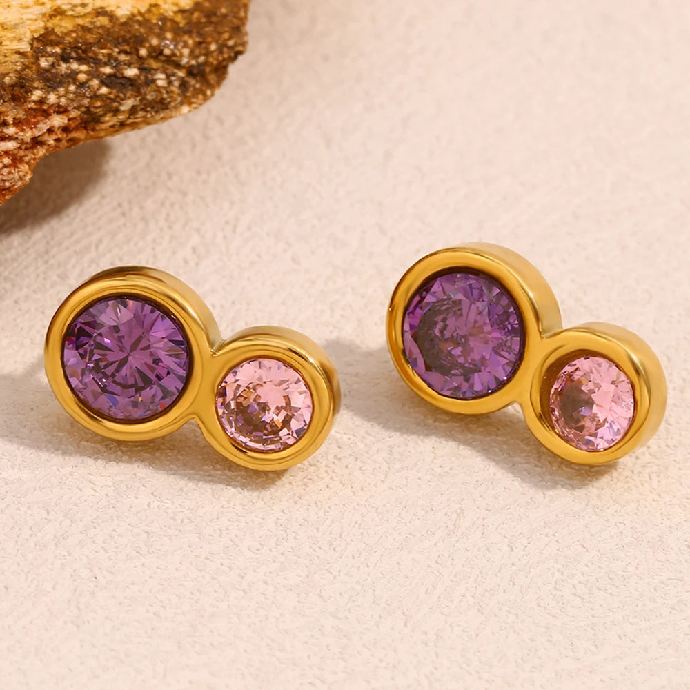 E.B.belle Pendientes de tuerca de circonita de Color rosa y morado con forma de doble círculo, joyería de oreja de acero inoxidable chapada en oro de estilo clásico