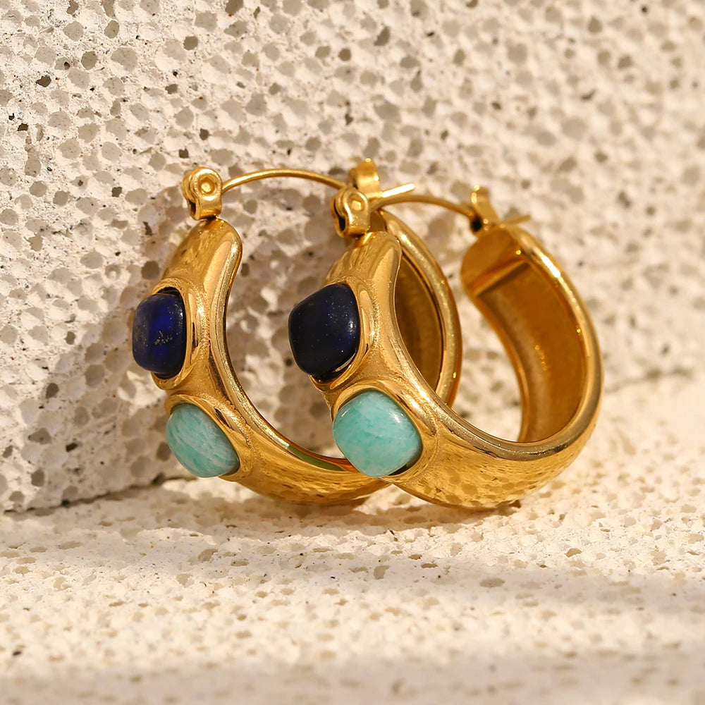 E.B.belle-pendientes redondos de aro con piedra Natural, turquesa, Lazurite, acero inoxidable, chapado en oro de 18 quilates, joyería resistente al agua