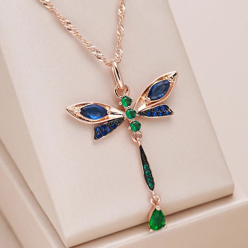 Kinel-collar con colgante de libélula de circón Natural para mujer, joyería fina Vintage chapada en oro rosa y negro, color azul intenso, 585