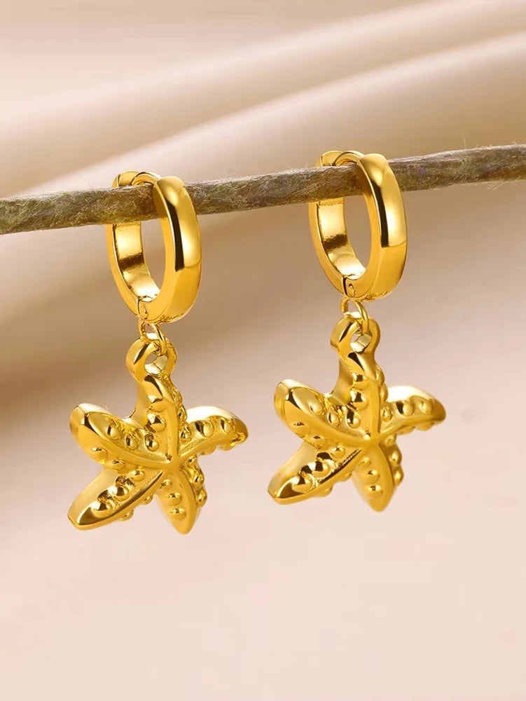 Exquisitos pendientes de estrella de mar de concha para mujer, pendientes de gota chapados en oro con perlas de imitación, joyería de acero inoxidable para fiesta 2025