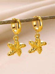 Exquisitos pendientes de estrella de mar de concha para mujer, pendientes de gota chapados en oro con perlas de imitación, joyería de acero inoxidable para fiesta 2025