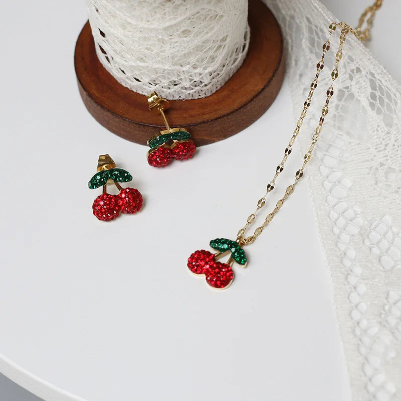 RHYSONG-collar con colgante de cereza de acero inoxidable 316L, pendientes delicados, cadena chapada en oro a la moda para mujer, regalo de joyería