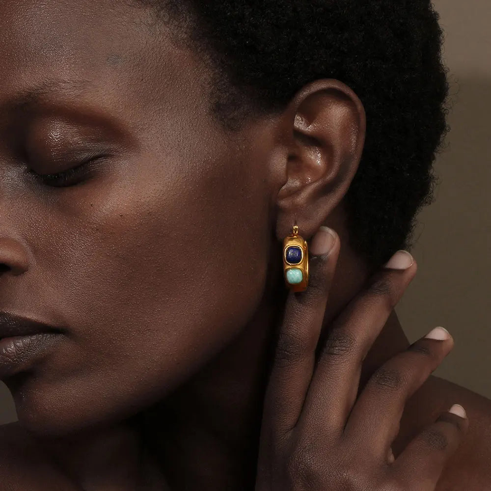 E.B.belle-pendientes redondos de aro con piedra Natural, turquesa, Lazurite, acero inoxidable, chapado en oro de 18 quilates, joyería resistente al agua