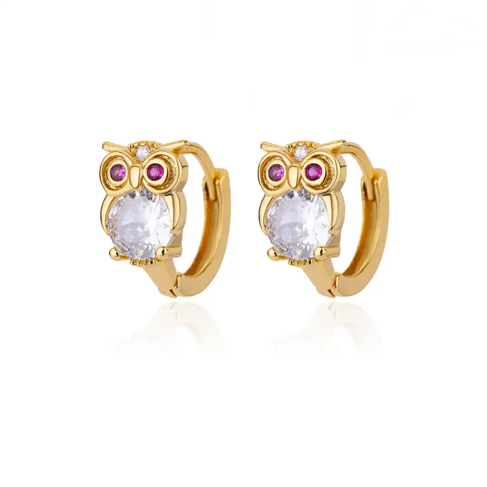 Pendientes de aro de búho de cristal para mujer, aretes de acero satinado con circonita de Animal, conejo, leopardo, elefante, oso, joyería bonita, regalo para niñas