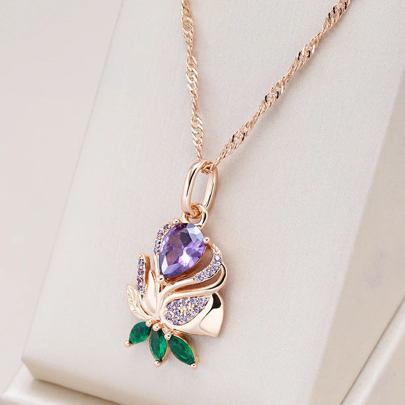 Kienl-collar con colgante de flor de circón Natural púrpura Vintage para mujer, joyería fina de alta calidad para uso diario, collar de Color oro rosa 585