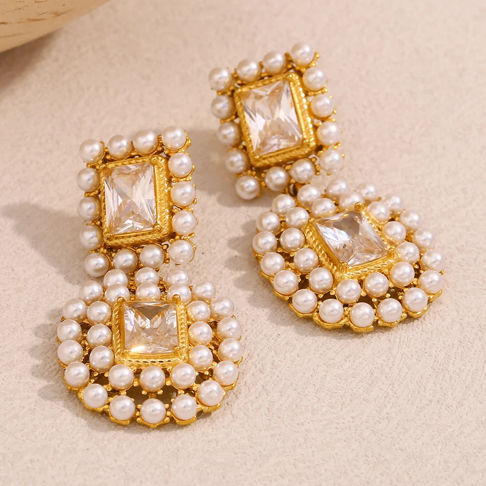 E.B.belle moda 18K chapado en oro de lujo empalmado cuadrado circón lleno de perlas pendientes mujeres fiesta joyería elegante no deslustradas