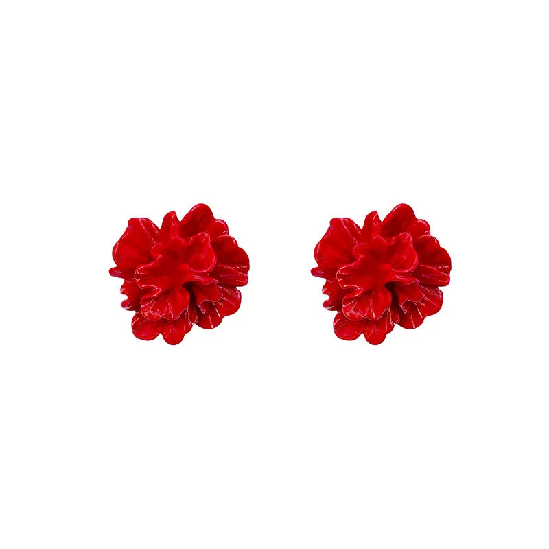 Pendientes de tuerca de flor blanca y roja para mujer, aretes grandes de pétalos plegables acrílicos a la moda, joyería dulce para fiesta de boda, regalo para niña