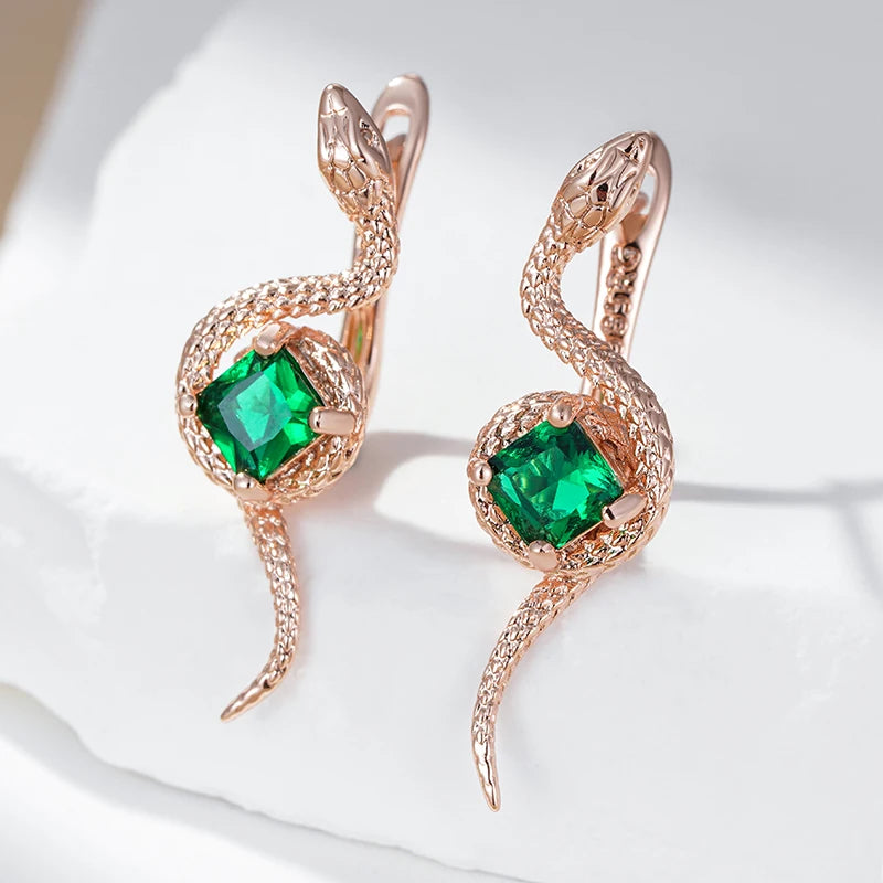 Kinel-pendientes colgantes de serpiente de circón Natural para mujer, joyería de animales Punk diaria Vintage, Color oro rosa 585, color verde intenso