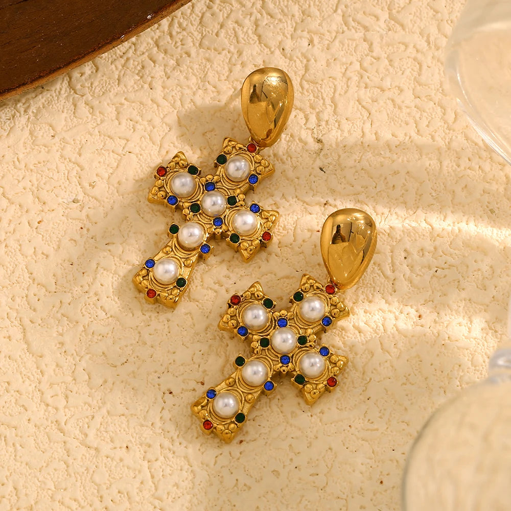 E.B.belle-pendientes cruzados de perlas de colores Vintage, acero inoxidable chapado en oro de 18 quilates, joyería de calidad elegante para mujer, venta al por mayor