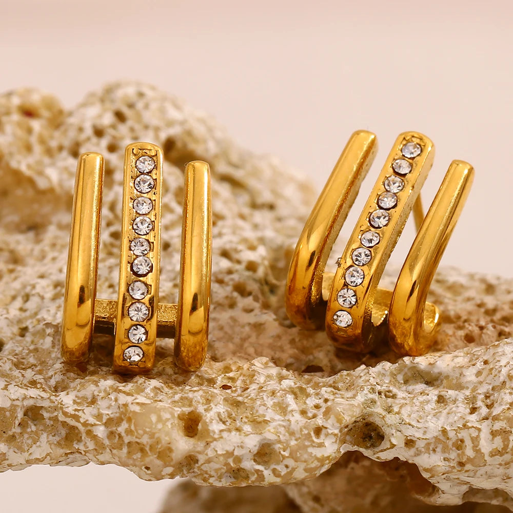 E.B.belle-pendientes de gancho curvo en forma de J de tres capas con diamantes de imitación, joyería de acero inoxidable 316L chapada en oro de 18 quilates para mujer